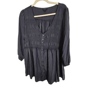 Torrid Top Babydoll Top Button Front Top Smocked Top 0X Gray V Neck Top Challis
